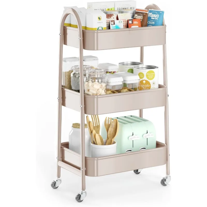 3 Tier Utility Rolling Cart, Metal Storage Cart with Handle and Lockable Wheels, Multifunctional