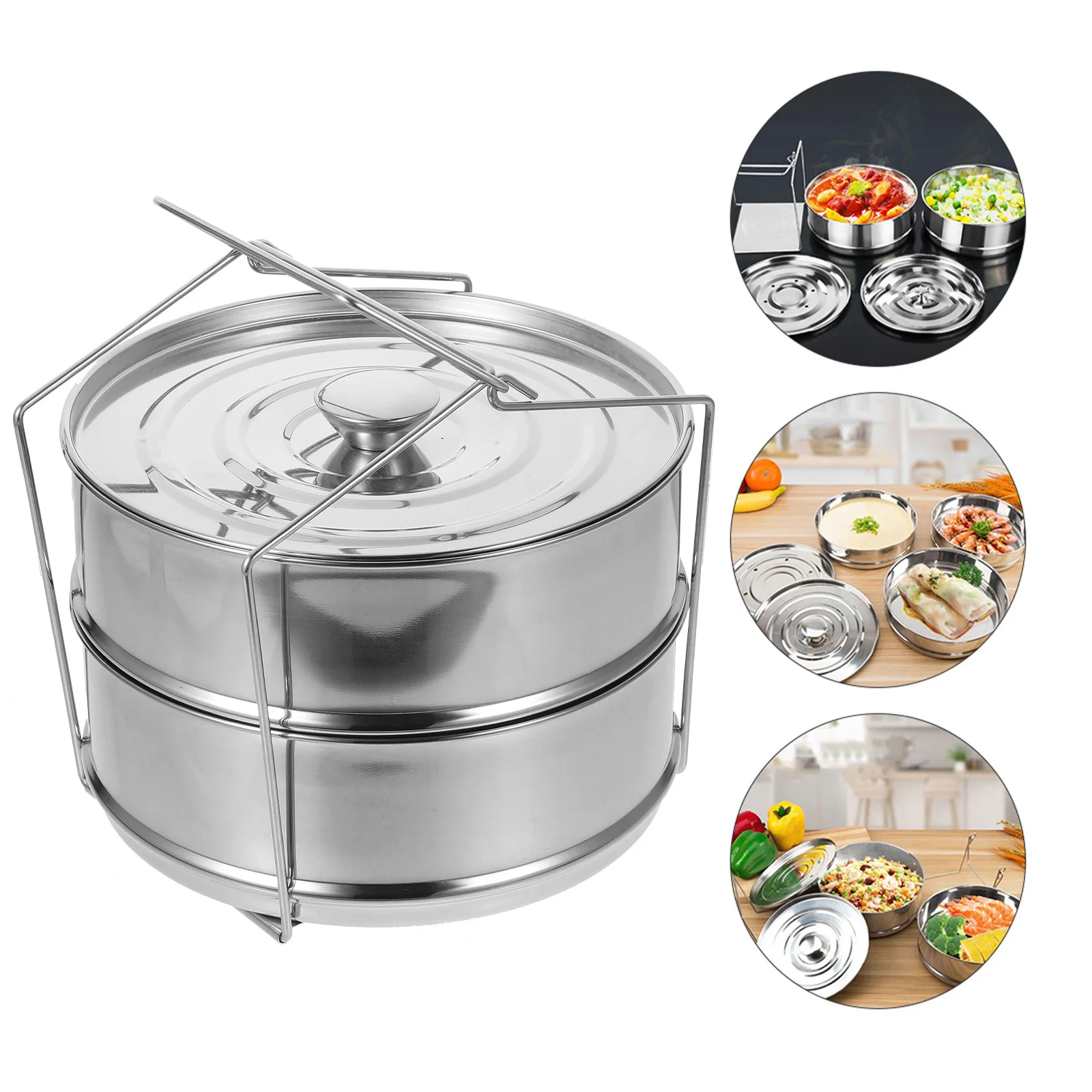 

Stainless Steel 2-Tier Steamer Insert Pans Eco-Friendly Double Handle Steaming Rack Divided Design for Steamed Buns Fish Snacks