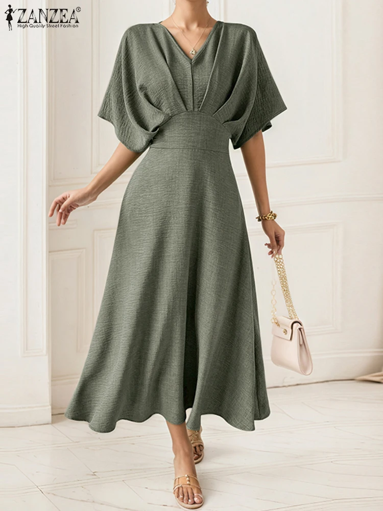 

ZANZEA Women Midi Dress Pleated Summer Sundress Half Bat-wing Sleeve Vintage Party Robes 2025 Solid Casual V Neck Vestidos