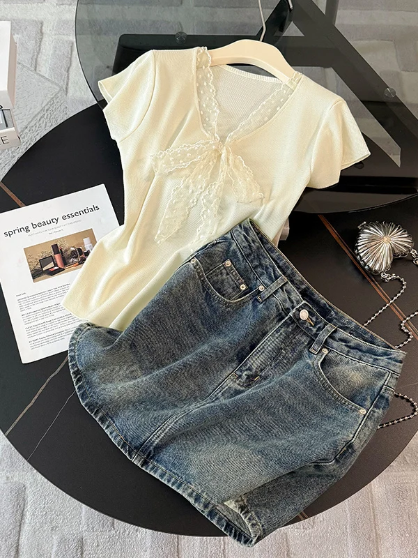 

Korean Style V-Neck Knitted Short Sleeve Top And Denim Skirt Two-Piece Set Summer Fashionable Youthful Women's Outfit