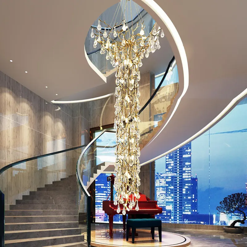 Light Luxury All Copper Crystal Chandelier Villa Living Room Duplex Building Large Chandelier Long Staircase Luxurious Lobby