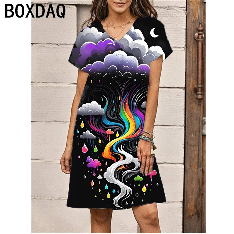 Women Summer V-Neck Short Sleeve Dress 3D Colorful Star Pattern Print Casual Loose A-Line Dress Big Size 3XL Female Vestidos