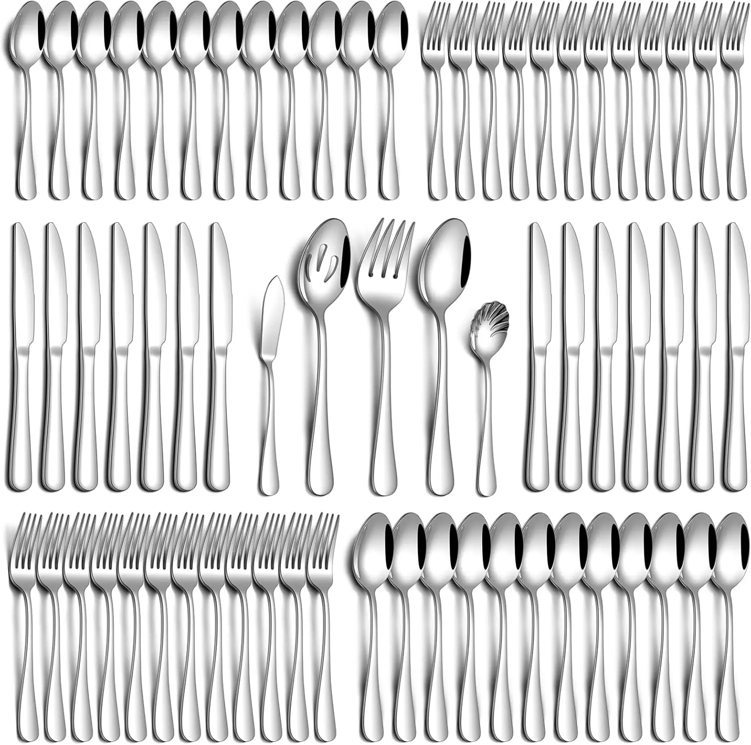 

65 Piece Stainless Steel Flatware Set for 12, Mirror Polished Cutlery Set with Serving Utensils, Dishwasher Safe