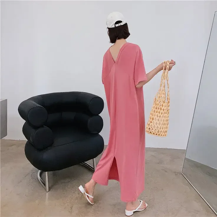 Gonna al ginocchio esposta T-shirt Gonna lunga in la carne tibetana allentata estiva è sottile scollo a V