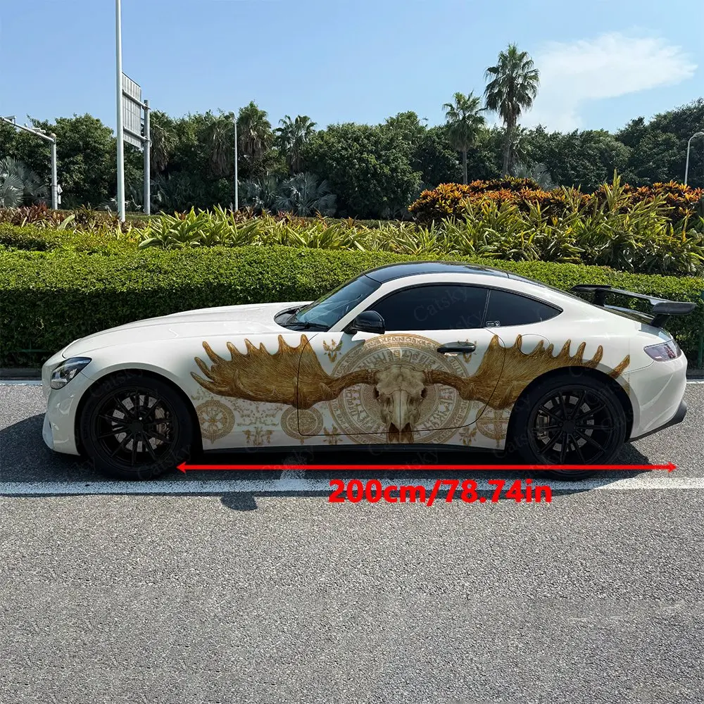 2pcs Gilded Vintage Beast Skull Rune Car Side Wrap, Self-Adhesive PVC Waterproof & Scratch-Resistant Sticker, Car Accessory Gift