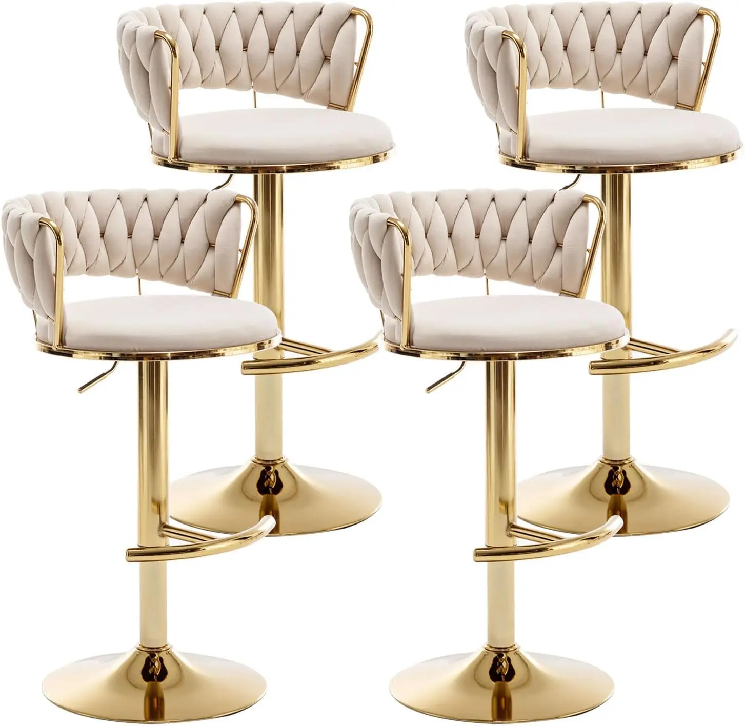 Gold Velvet Bar Stools Set of 4, Counter Height Bar Stools with Low Back, Swivel Bar Stool for Kitchen Island, Bar Pub (Beige)