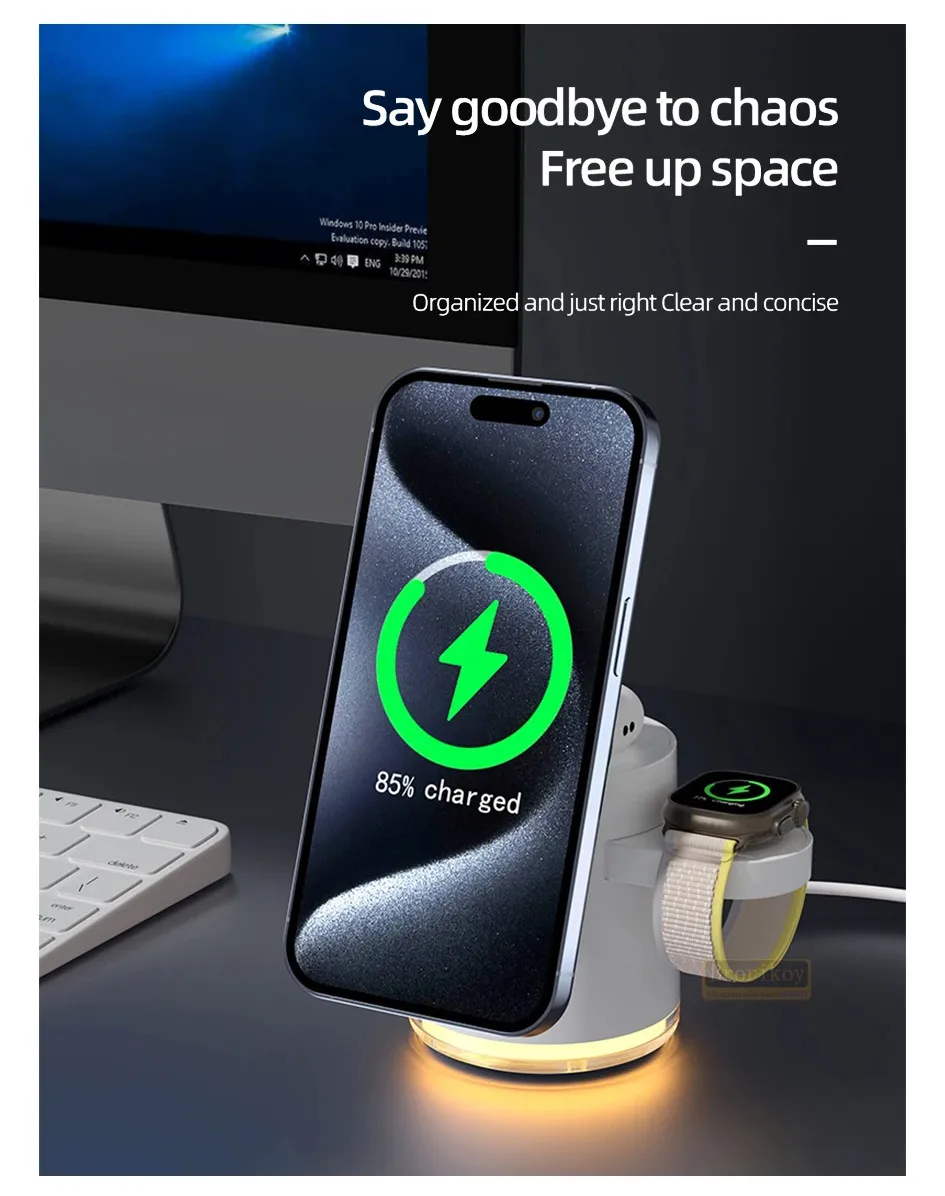 

QI2 Certified 15W Fast LED Light Foldable Wireless Charger for iWatch Airpods Stand Suitable for IPhone 15 14 13 12 Watch AirPo