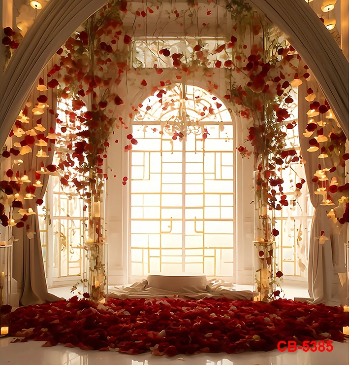 Valentine's Day Backdrop Red Rose Arch Palace Window Curtain Photo Background Vintage Romantic Couple Backdrop Anniversary Party