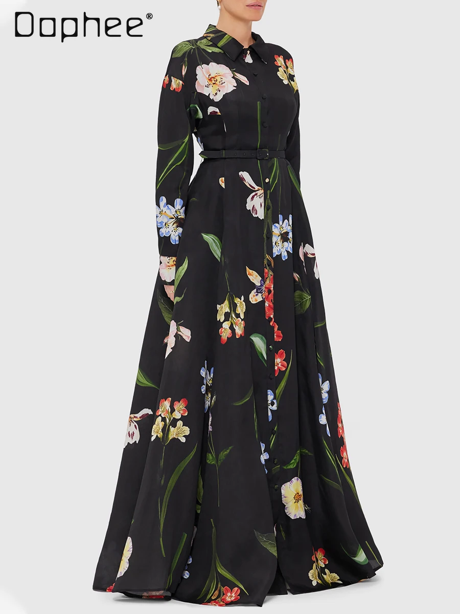 Mode Temperament einreiher Hemd Kleid für Frauen Schlank Spitze-up Große Pendel Langes Kleid High-end-schwarz Gedruckt Kleider