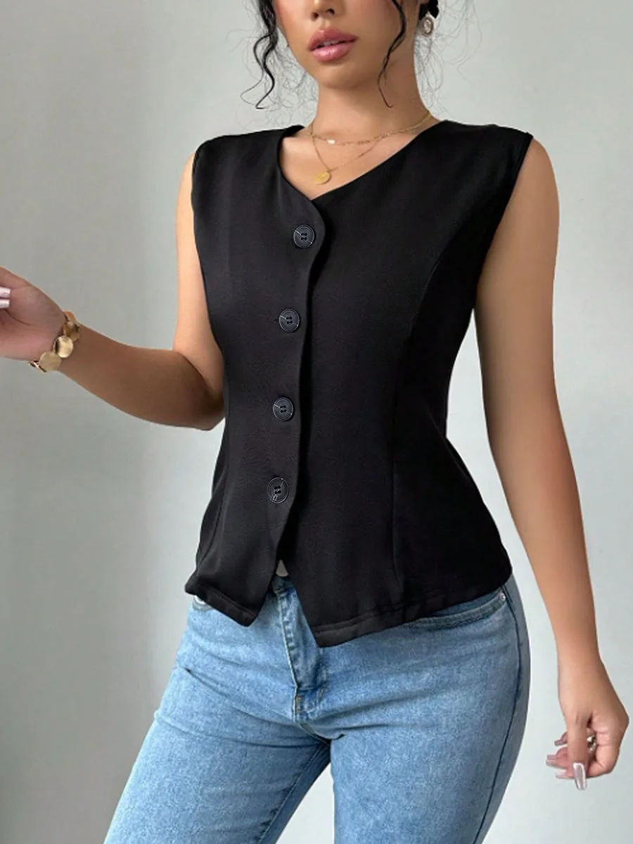 Women's Vest Spring Summer Black V Neck Button Front Slim Fit Irregular Hem Valentine's Day Elegant Casual Office Top