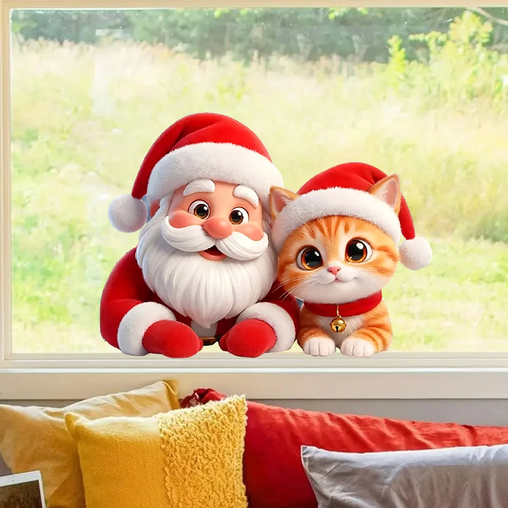 OZ3837#Santa Claus and The Cat Bright Bathroom for Home Decoration, Vinyl Decals, Art Wall Paper, Indoor Use