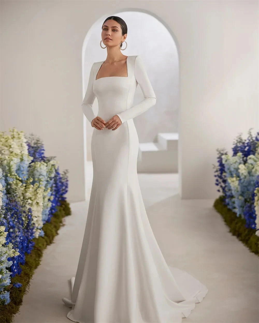Elegant Mermaid Wedding Dresses 2026 Square Collar Long Sleeve Backless Soft Satin Bridal Gowns Dress Vestidos De Noiva