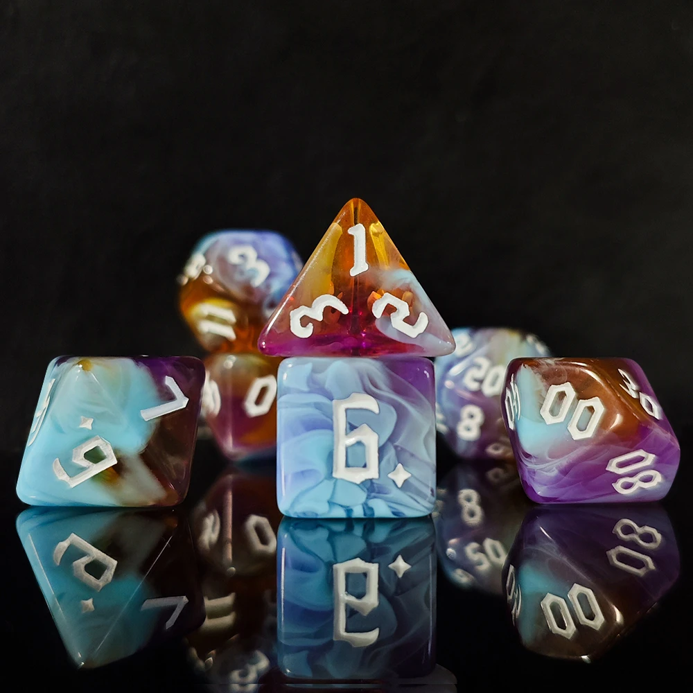 Nebula Swirl Polyhedral Dice Set – Gold-Inked TTRPG Dice Ethereal Swirl Dice: 7-Piece Set for Pathfinder & RPGs Polyhedral Dice