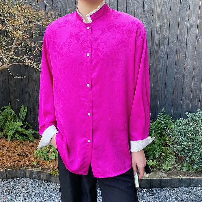 

Новая китайская блузка-топ с контрастными цветами, двойным слоем, воротником-стойкой, имитацией двухслойного дизайна, длинная, розового цвета, для выступлений на сцене