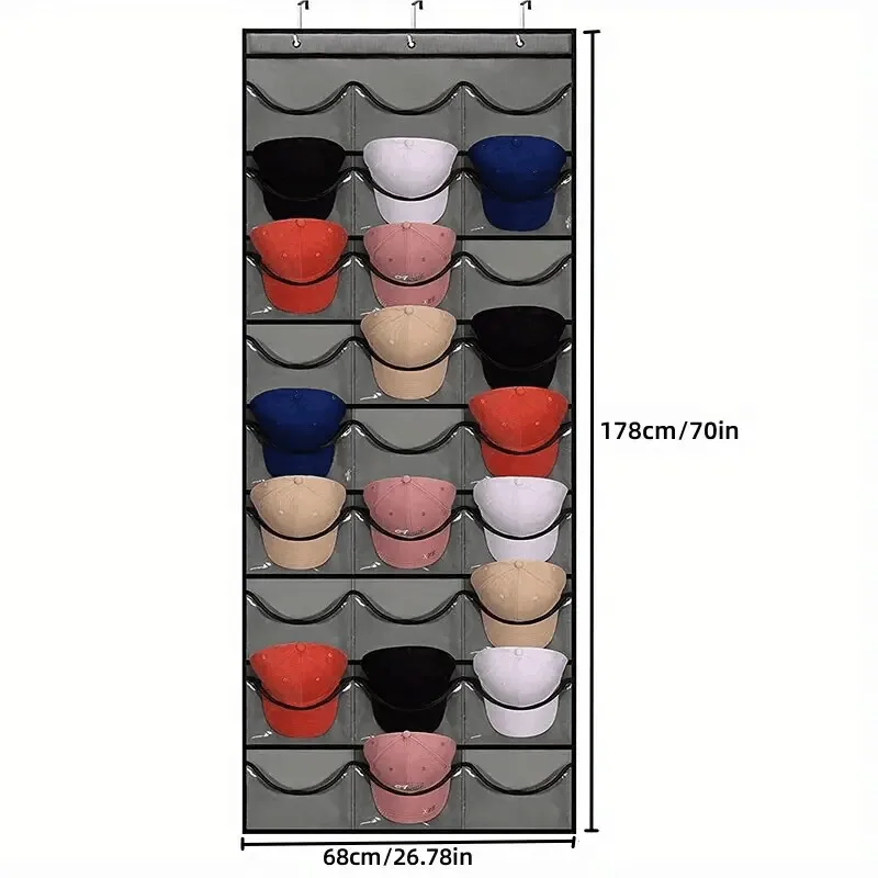 Clear over the Door Hat Rack Organizer with 27 Pockets And 3 Hooks Storage for Baseball Caps And Other Accessories