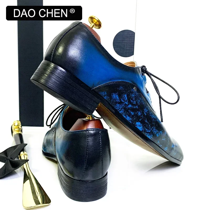 LUXURY BRAND MEN\'S OXFORD SHOES BLACK BLUE LACE UP POINTED TOE CASUAL MENS DRESS SHOES PARTY WEDDING LEATHER SHOES MEN