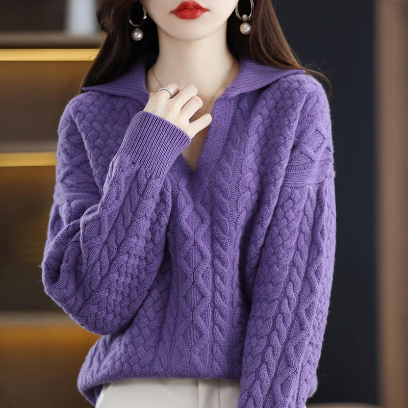 Polo Lapel 100% Pure Wool Sweater Women\'s Fashion Autumn And Winter New Sweater Cashmere Sweater Loose Knitted Sweater JQ153