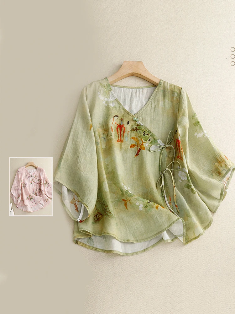 

Retro Large Size Women's irt Summer V-ne Svel Batwing Sve Cotton Linen Print Loose Fit Button Front Tea Costume Top