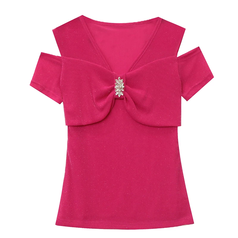 T-Shirt Noir à Manches Courtes et Col en V pour Femme, Vêtement Chic, Sexy, Évidé, Diamants Brillants, Nministériels d Papillon, Style Coréen, Été, 2024, Nouveau, 46040