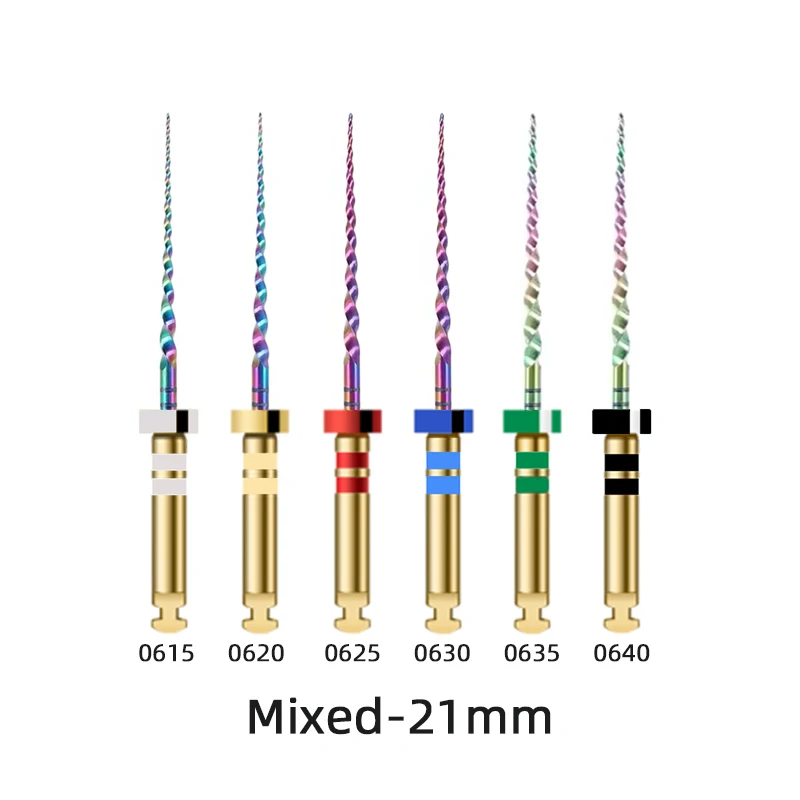SQDENT Dental Endo Rotary Files 06 Taper Mixed Pack Rainbow NiTi Root Canal Extension Files Flexible Engine Use 6pcs Set