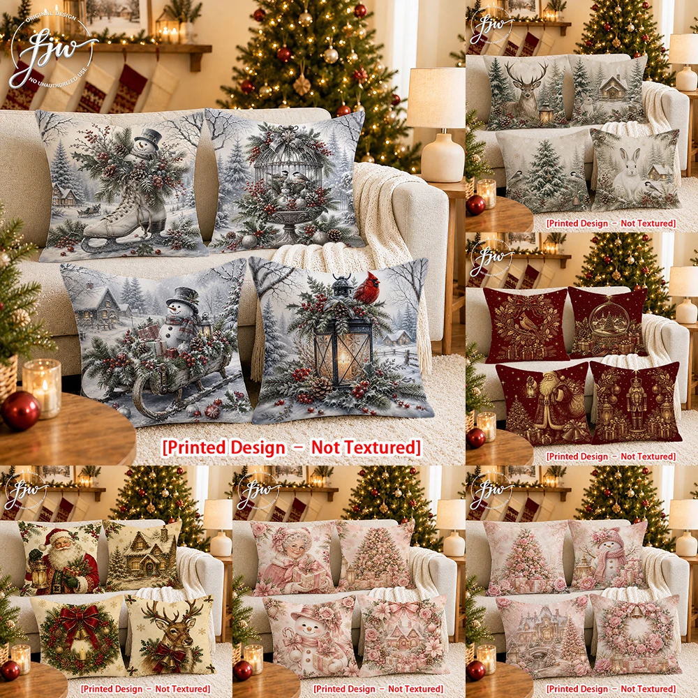 [Printing design-no texture] 4pcs Christmas Throw pillowcase Holiday Decoration New Year Party Decoration cushion Cover