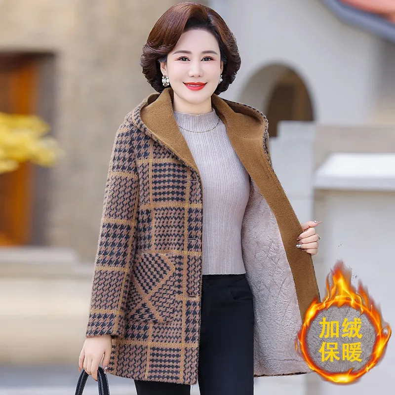 Grandma's Winter Hooded Jacket High End Imitation Mink Wool Coat Elderly Women Plush Thick Warm Parka Mother Overcoat