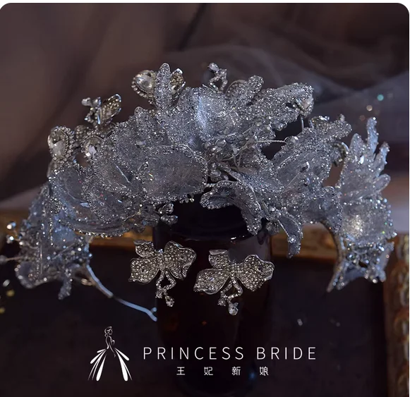 Light luxury heavy ice glue silver gray shining bridal crown set luxury main wedding dress with makeup accessories.