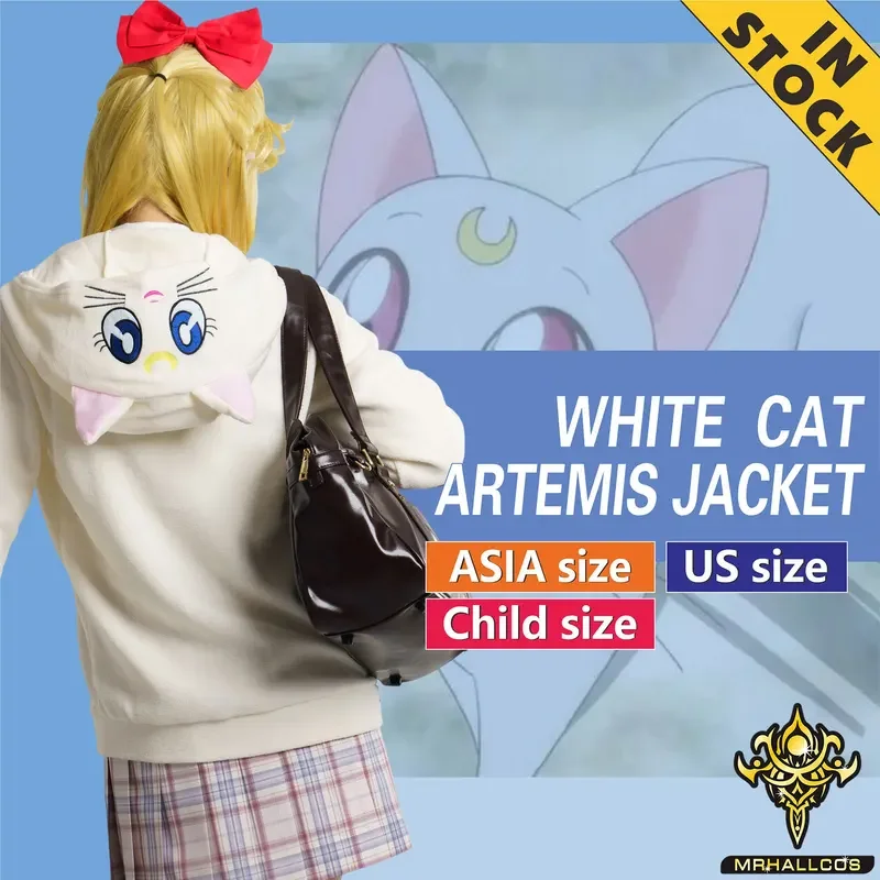 MRHALLCOS Anime Cosplay Sailor Venus Moon Minako Aino White Cat Artemis Jacket Costume Halloween Party Kid Adult Women Plus Size