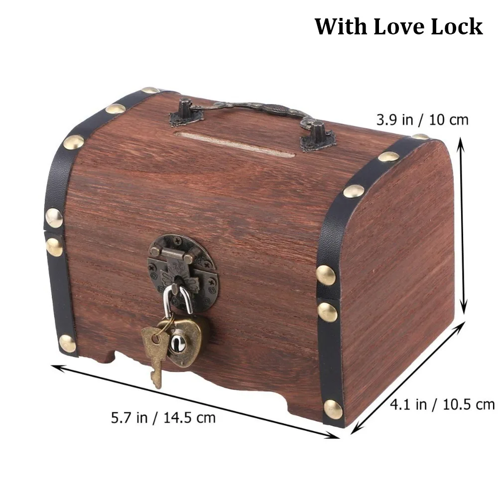 New Wooden Piggy Bank With Security Lock Vintage Treasure Chest Unique Coin Bank Home Decor
