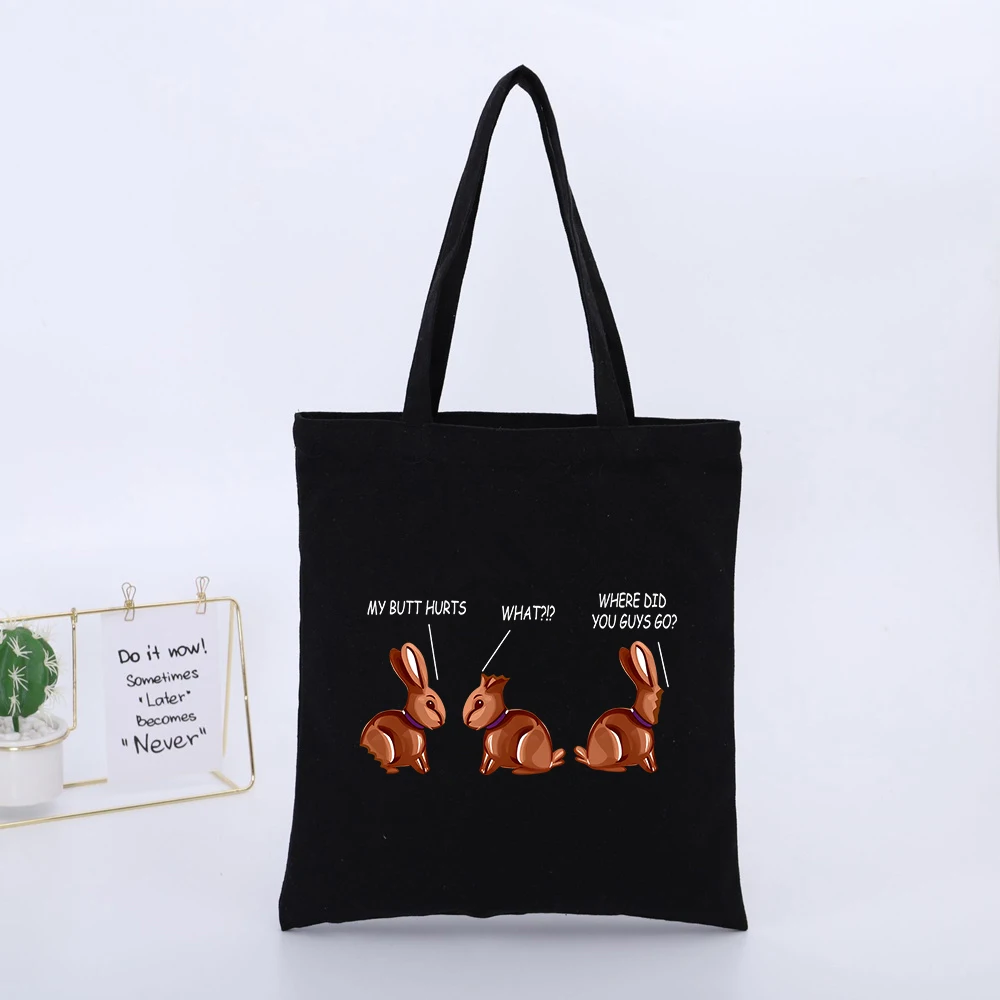 Animal Graphic Black Canvas Tote Bag with Typography Print, Casual Style for Daily Shopping
