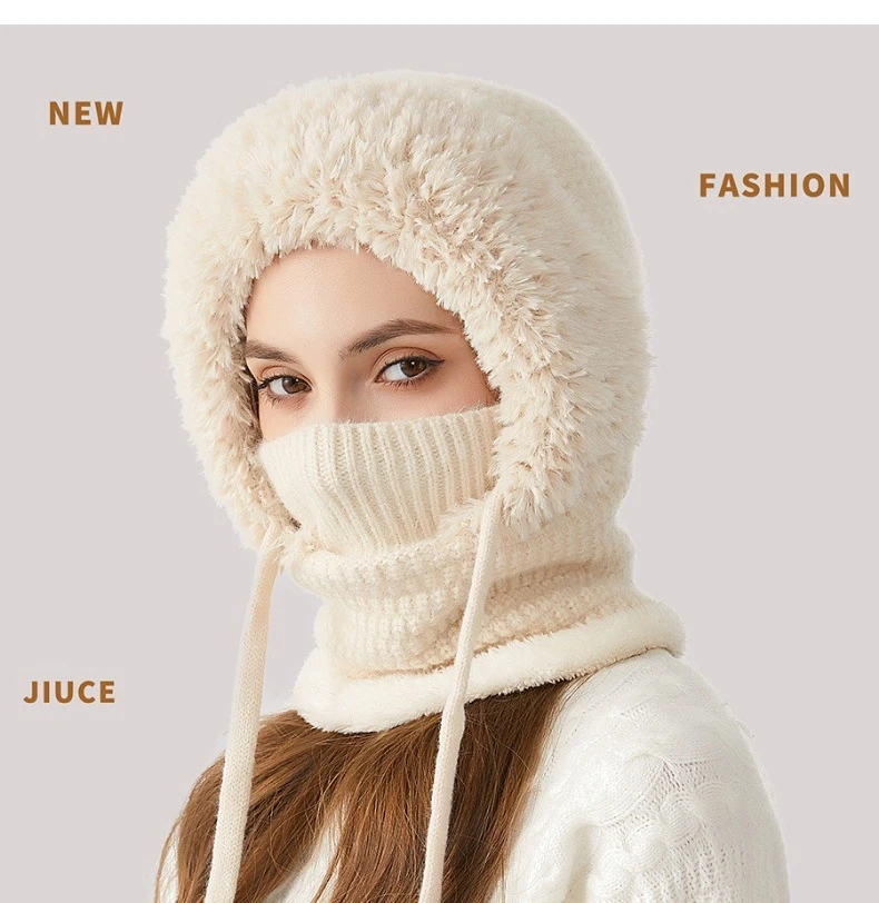 Big Head Fit One-piece Hat Women Winter Padded Thickened Face Covering Knitted Hat Neck Mask Warm Large Size Soft