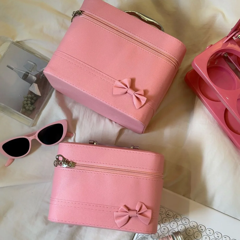 Pink Bow PU Leather Makeup Bag Portable Alloy Handle Skincare Product Storage Box Large Capacity Waterproof Handheld Makeup Case