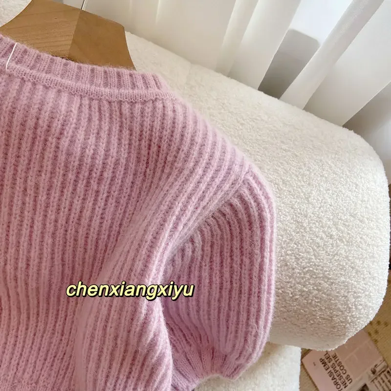 KUSAHIKI Pink Elegant Sweater Women 2024 Spring Fashion Beads O-neck Pullover Knitwear Causal Short Sleeve Korean Knitted Tops