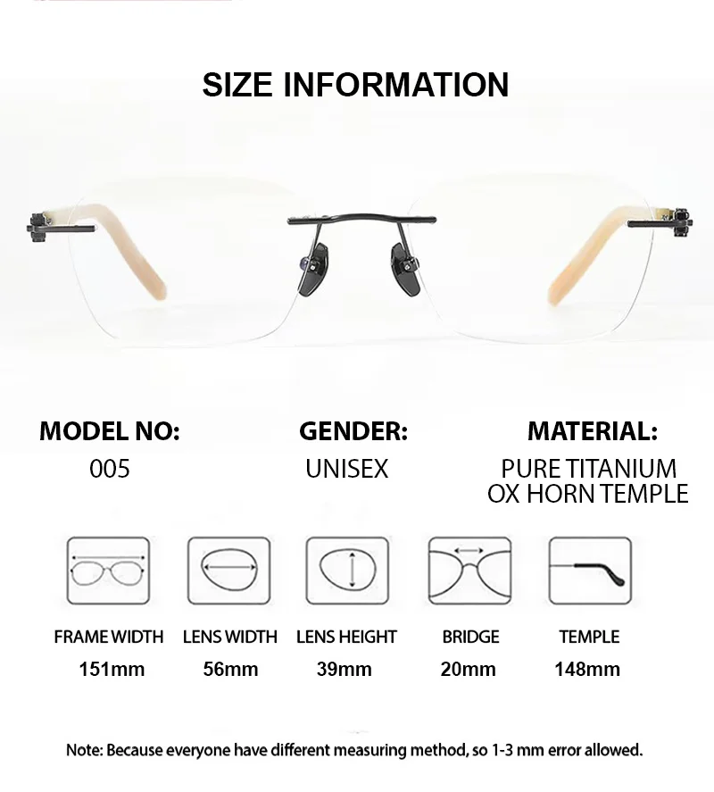 150 ミリメートルハイエンドメンズリムレスアイウェア純チタンレッドサムダル超軽量フレームメガネエレガントな光学処方眼鏡