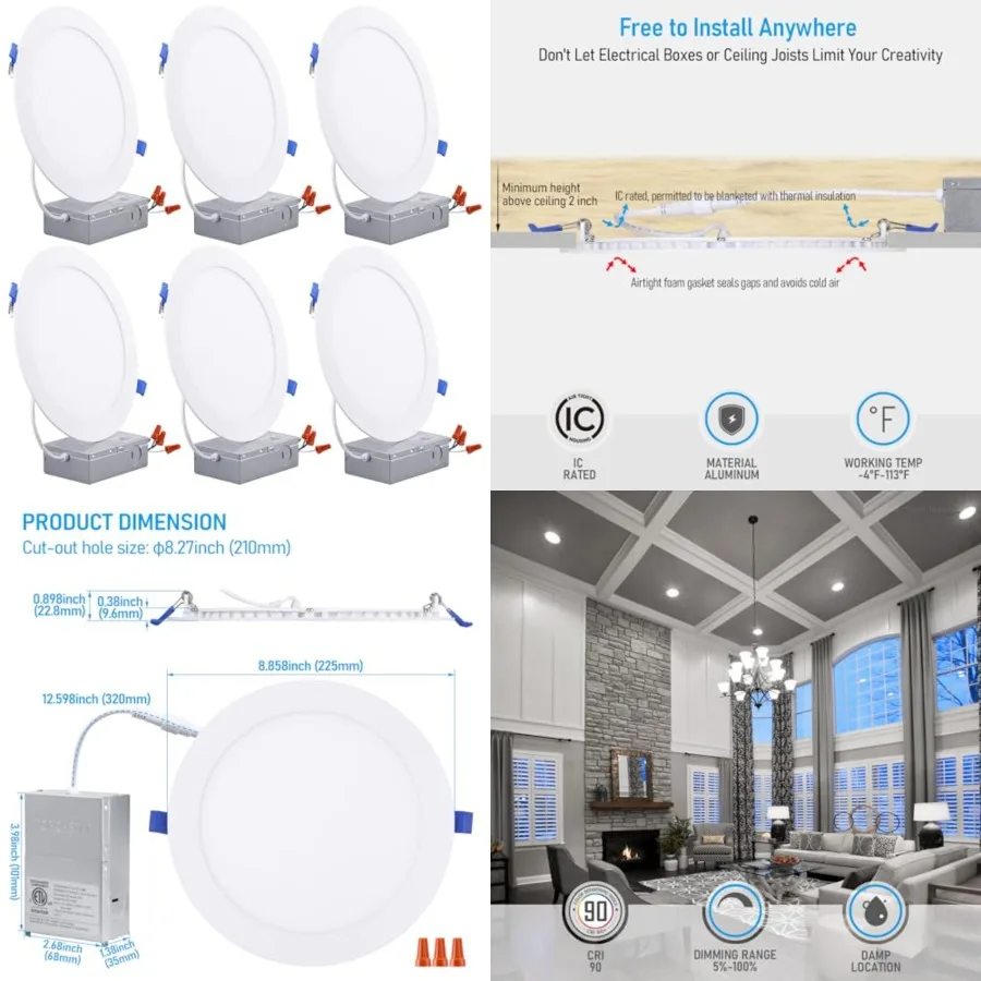 

8 Inch Ultra-Thin LED Recessed Ceiling Light with Junction Box, CRI90, 5000K Daylight, 18W High Brightness Dimmable Slim Canles