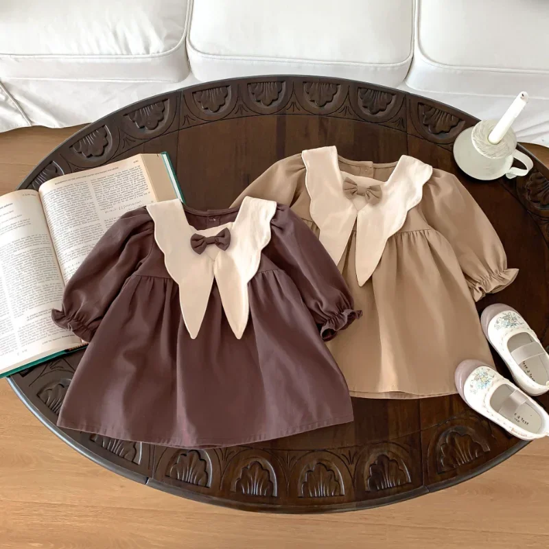 Korean Style Spring Autumn Baby Girl Dress Khaki/Coffee Patchwork Turn-down Collar Retro Princess Dresses Infant Clothes E494Z