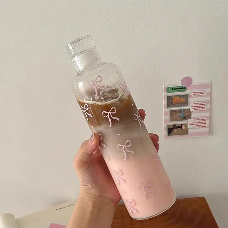 

.[SH]1Pc 500ML Kawaii Bow Plastic Water Bottle With Time Scale Transparent Water Cup Outdoor Sports School Drinking Water Bottle