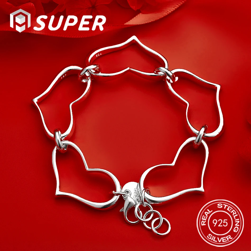 

ALISuper 925 Sterling Silver 8 Inch Beautiful Heart Bracelet Fashion Accessory Gift Engagement Jewelry Wedding