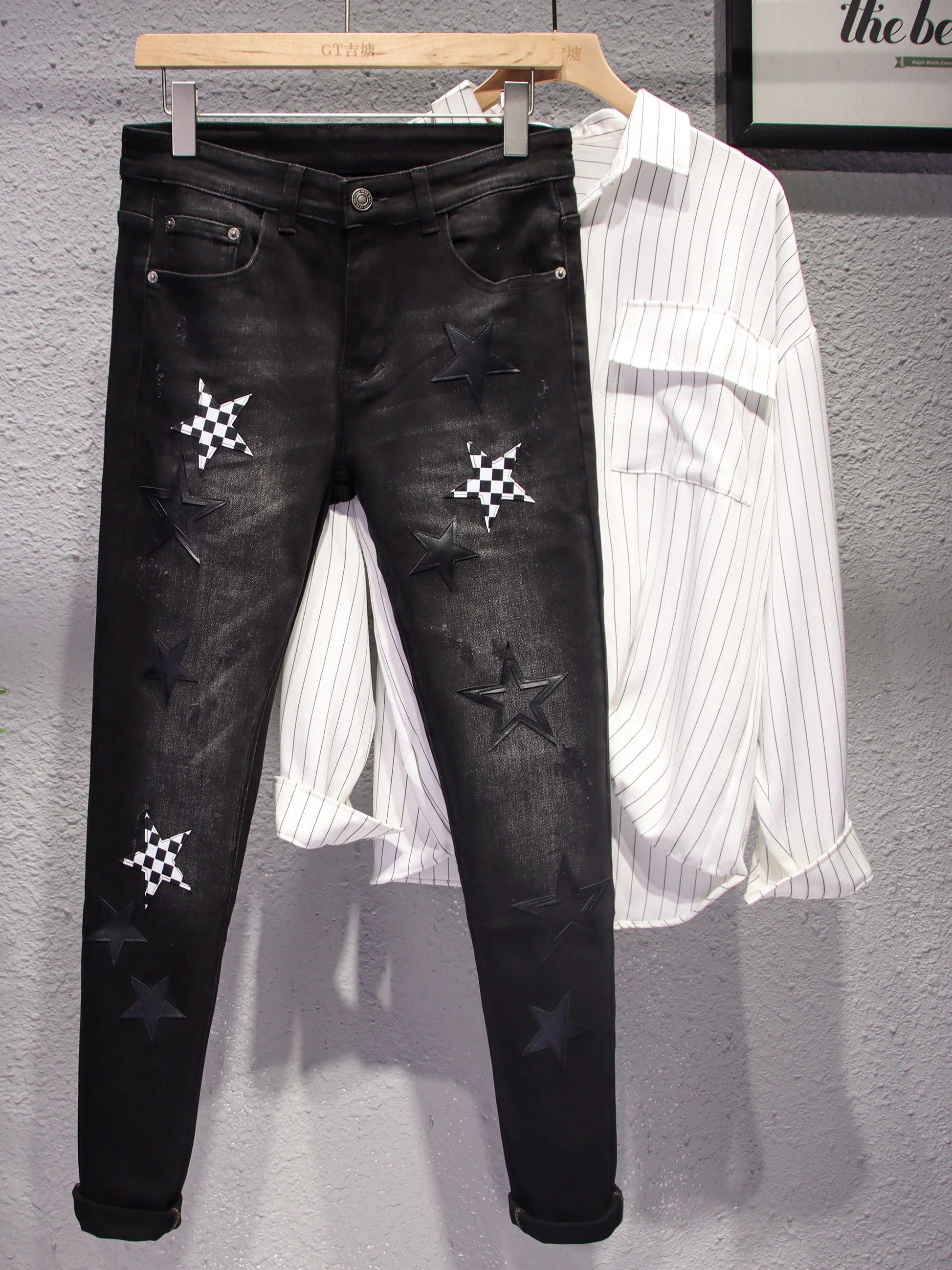 

Black Slim Fit Casual Jeans Men's Trendy Brand Five-pointed Star Autumn New Elastic Stretch Long Pants Winter Youth Leisure