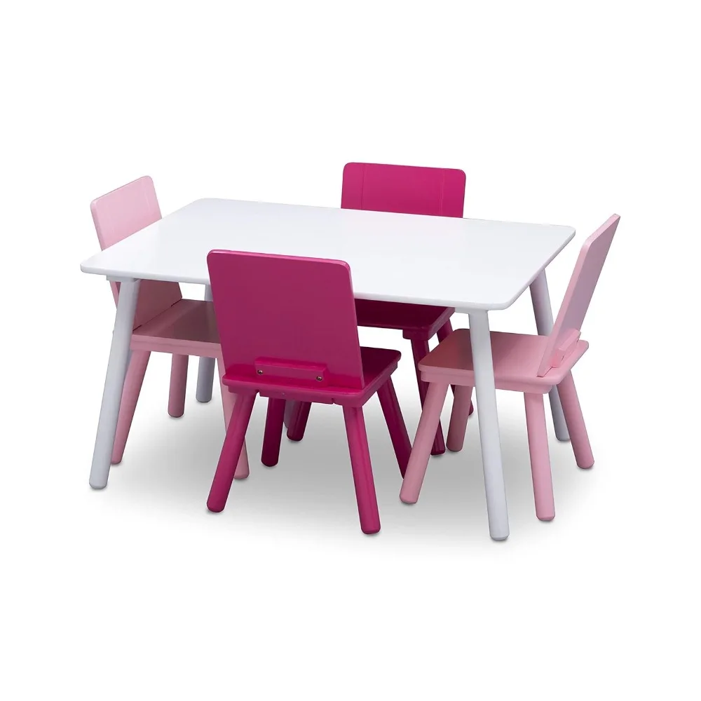 Conjunto de mesa e cadeira infantil, 4 cadeiras incluídas, branca e rosa