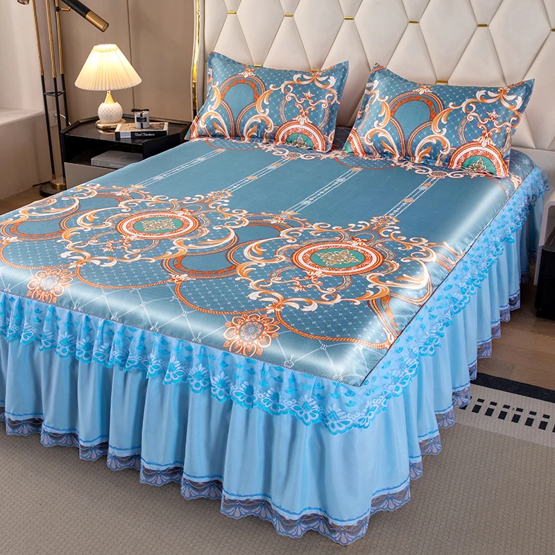 Luxury Floral Bed Skirt Summer Lace Cool Mat Breathable Soft European Style Bedding Set for Bedroom Dorm Room Machine Washable