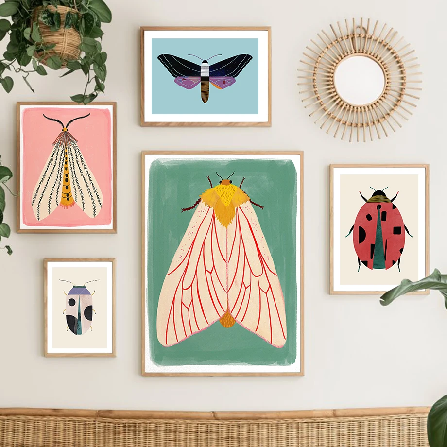 Arte de pared de mariposa, mariquita, tigre, polilla, escarabajo, pluma, pintura en lienzo, póster nórdico, impresión de imágenes de pared, decoración para sala de estar