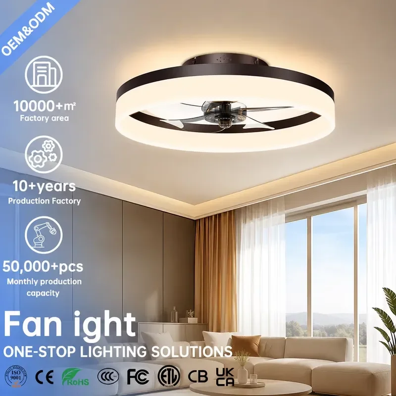 19.7 Inch Bladeless Ceiling Fan Light Dimmable 3000K-6500K LED Recessed Fan with Remote Control Brown for Bedroom Modern