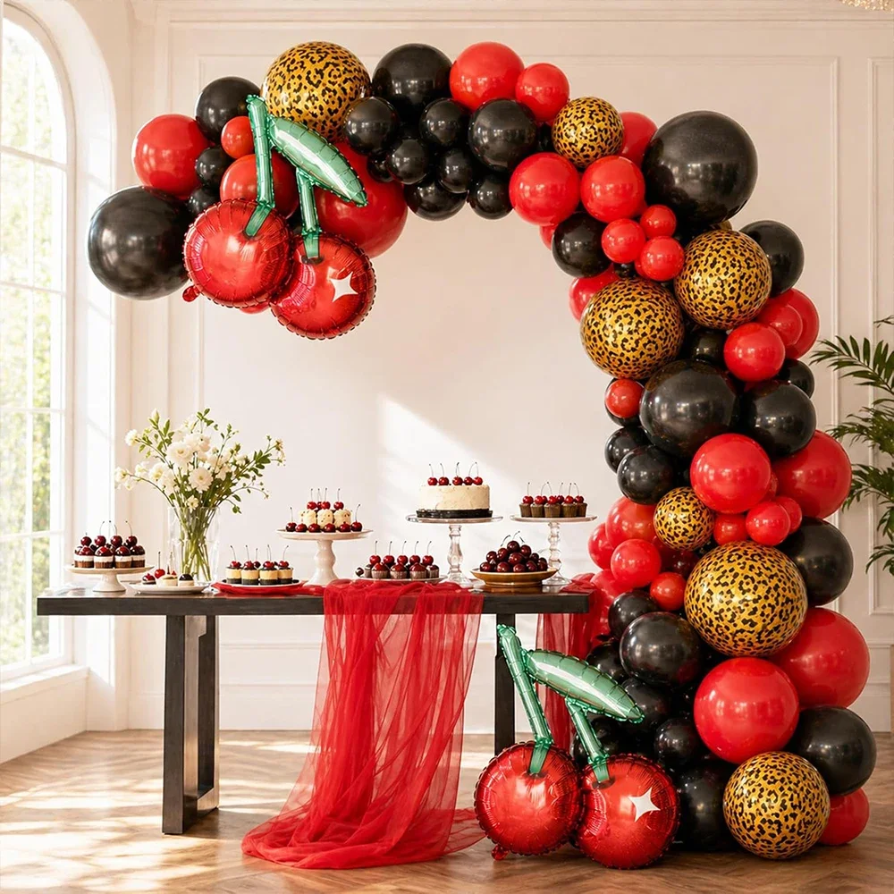36Pcs Black & Red Foil Balloons Kit - Cherry Print, Red Lips, Cheetah Pattern, Black Heart | Bachelorette Party Decor, Kiss The