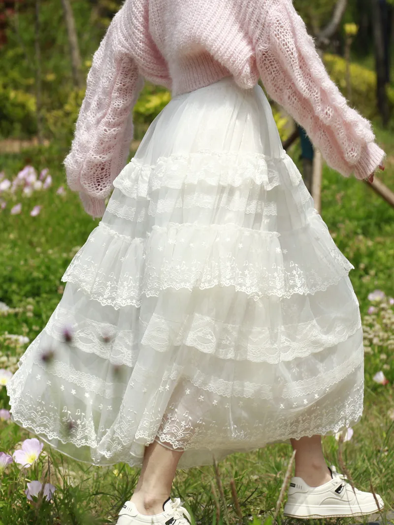 Spring and Summer Long Organza Skirt Mesh Lace Cute Lolita Pettiskirt Elastic Waist