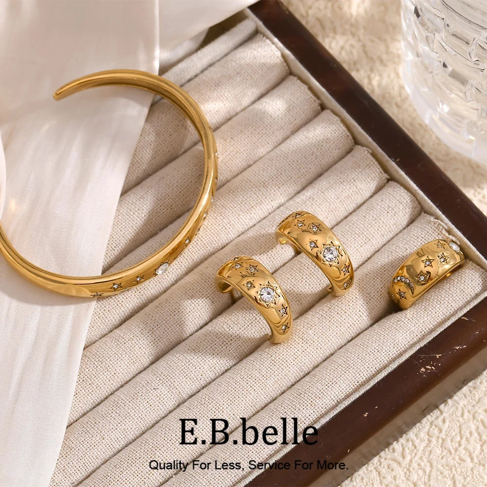 E.B.belle Star Moon Bracelet Earring Ring  Jewelry Set Hypollergenic Stainless Steel Jewelry Decoration For Women Girls Jewelry