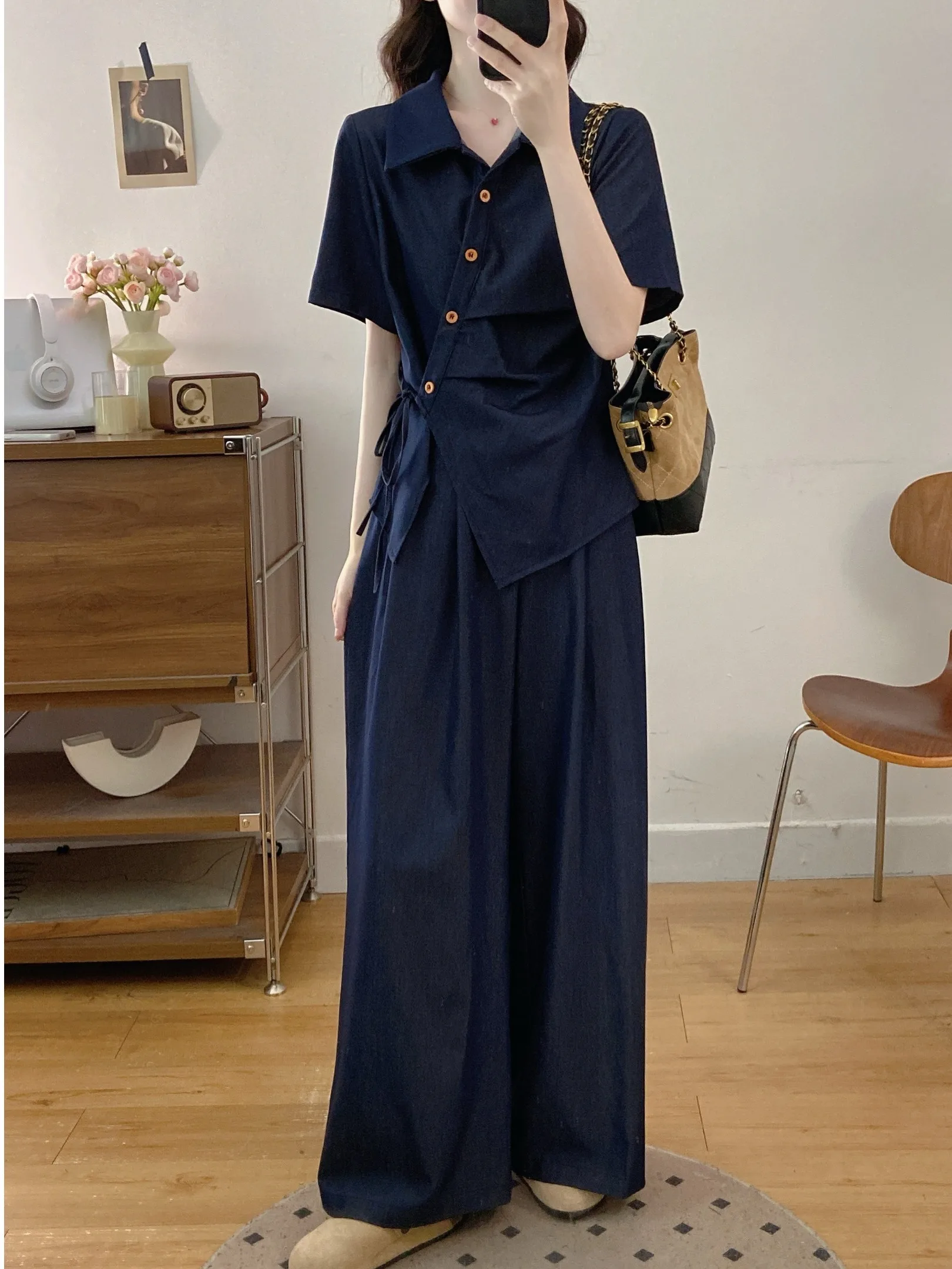 

plus Size Retro Denim Wide Leg Pants Set Summer New Style Slimming High Waist Versatile Banded Top Casual Korean Loose Fit