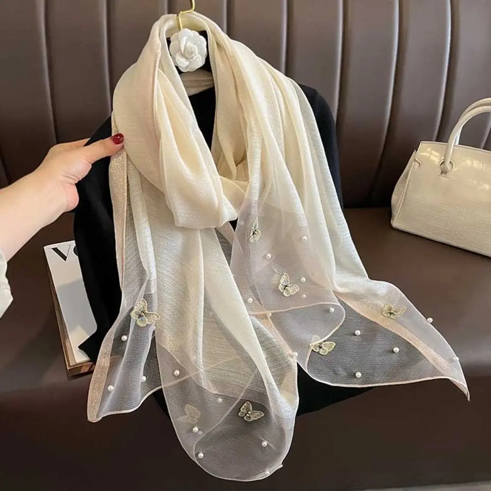 Women Fashion Butterfly Embroidered Scarf Plain Solid Silk Linen Shawls Scarves Summer Lady Bandanas Foulard Hijab