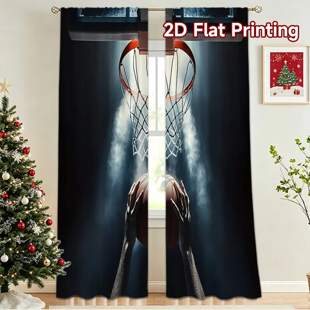2D flat 2pcs Curtain French Romantic Style Basketball Shot at Hoop Digitally printed polyester, colorfast Holiday Decorations