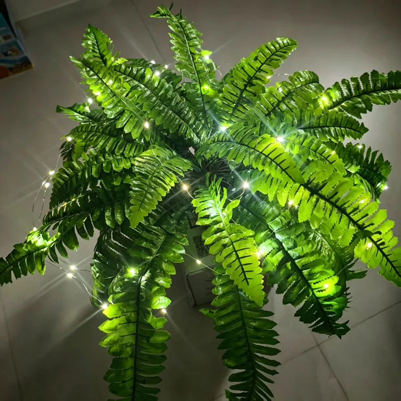 Glowing Boston Ferns with Lights Pre-Lit Artificial Ferns UV Resistant Faux Hanging Plants for Porch Patio Garden Home Decor
